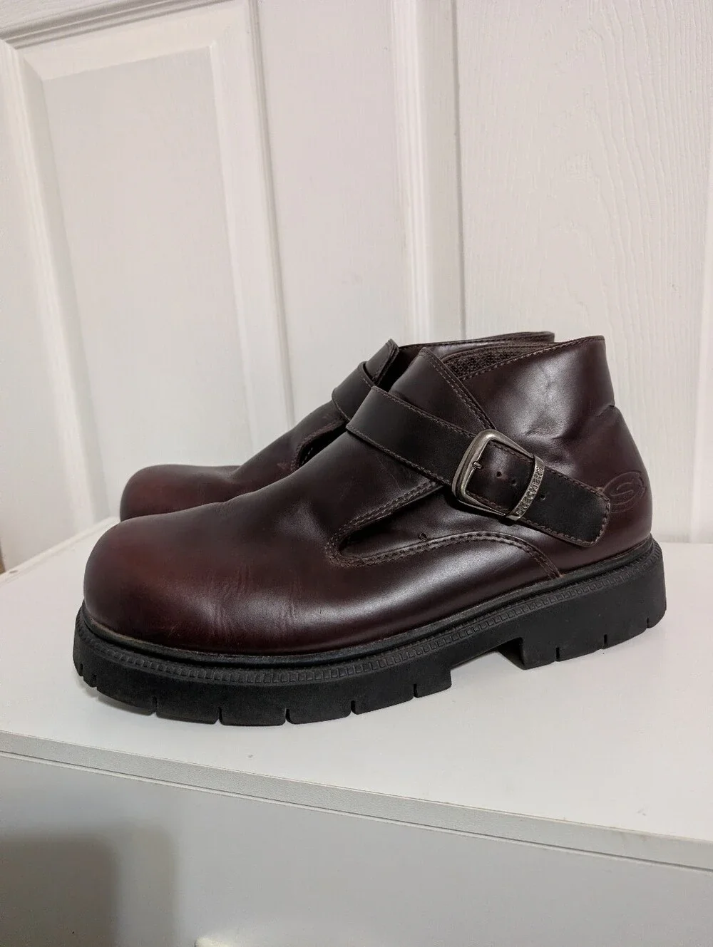 Vtg Skechers Mens Shoes Y2K Brown Leather Buckle Platform Grunge Goth US 13